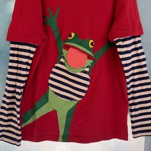 Mini Boden Red Frog Tee with Striped Sleeves
